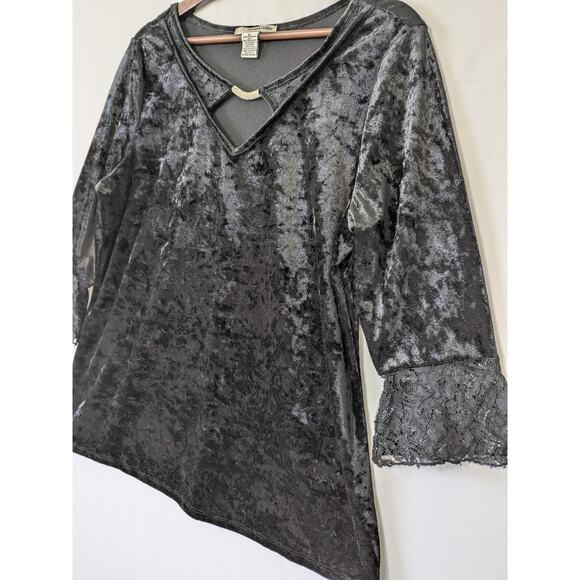 Belah & Codey Vamp Goth Black Velvet Keyhole Neck Metal Rhinestone XL Top Y2K - Picture 2 of 10